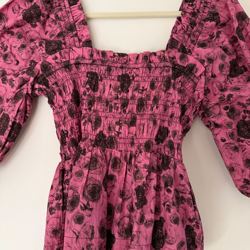 GANNI Pink and Black Floral Smocked Cotton Top - Sz 38 US 6 - Picture 4 of 12